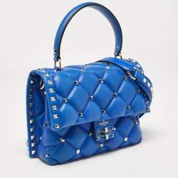 Pre Owned Valentino Blue Quilted Leather Medium Candystud Top Handle Bag