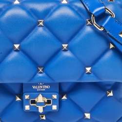 Pre Owned Valentino Blue Quilted Leather Medium Candystud Top Handle Bag