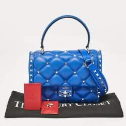 Pre Owned Valentino Blue Quilted Leather Medium Candystud Top Handle Bag