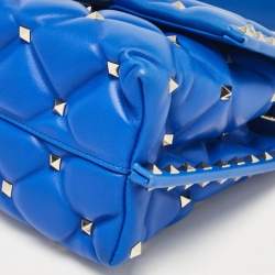 Pre Owned Valentino Blue Quilted Leather Medium Candystud Top Handle Bag