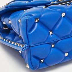 Pre Owned Valentino Blue Quilted Leather Medium Candystud Top Handle Bag