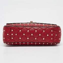 Pre Owned Valentino Red Quilted Leather Medium Rockstud Spike Top Handle Bag