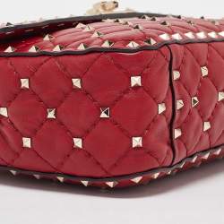 Pre Owned Valentino Red Quilted Leather Medium Rockstud Spike Top Handle Bag