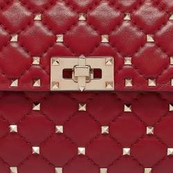 Pre Owned Valentino Red Quilted Leather Medium Rockstud Spike Top Handle Bag