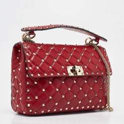 Pre Owned Valentino Red Quilted Leather Medium Rockstud Spike Top Handle Bag