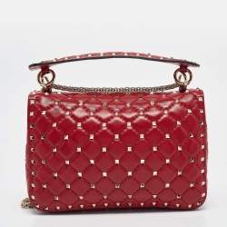 Pre Owned Valentino Red Quilted Leather Medium Rockstud Spike Top Handle Bag