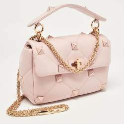 Pre Owned Valentino Pink Leather Medium Roman Stud Top Handle Bag