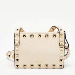 Pre Owned Valentino Off White Leather Rockstud Crossbody Bag