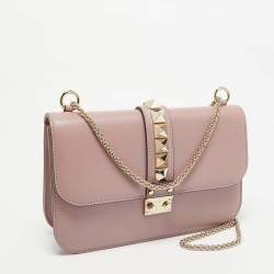 Pre Owned Valentino Dusty Pink Leather Medium Glam Lock Chain Shoulder Bag