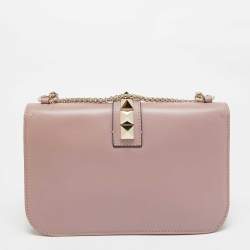 Pre Owned Valentino Dusty Pink Leather Medium Glam Lock Chain Shoulder Bag