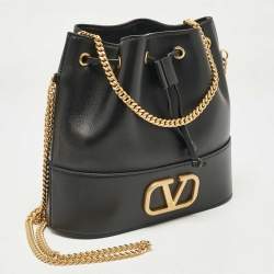 Pre Owned Valentino Black Leather VLogo Mini Bucket Bag