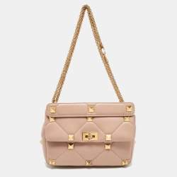 Pre Owned Valentino Beige Quilted Leather Large Roman Stud Top Handle Bag