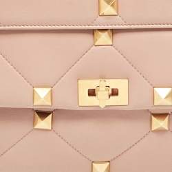 Pre Owned Valentino Beige Quilted Leather Large Roman Stud Top Handle Bag