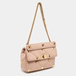 Pre Owned Valentino Beige Quilted Leather Large Roman Stud Top Handle Bag