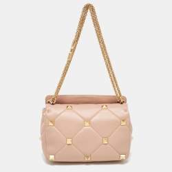 Pre Owned Valentino Beige Quilted Leather Large Roman Stud Top Handle Bag