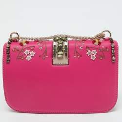 Valentino Pink/Beige Leather Medium Embellished Glam Lock Flap Bag