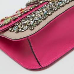 Valentino Pink/Beige Leather Medium Embellished Glam Lock Flap Bag