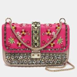 Valentino Pink/Beige Leather Medium Embellished Glam Lock Flap Bag