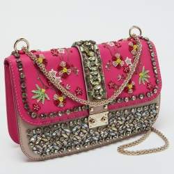 Valentino Pink/Beige Leather Medium Embellished Glam Lock Flap Bag