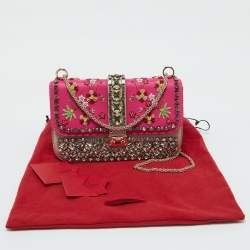 Valentino Pink/Beige Leather Medium Embellished Glam Lock Flap Bag