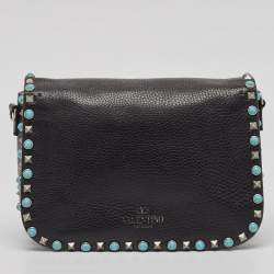 Pre Owned Valentino Black Leather Guitar Rockstud Rolling Crossbody Bag