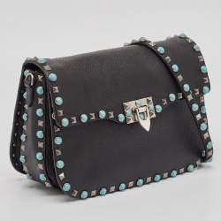 Pre Owned Valentino Black Leather Guitar Rockstud Rolling Crossbody Bag