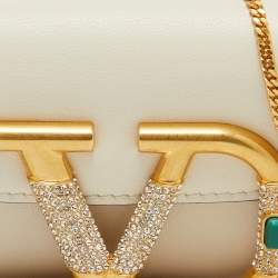 Pre Owned Valentino Garavani Off-White VLogo Rhinestone Mini Chain Pouch
