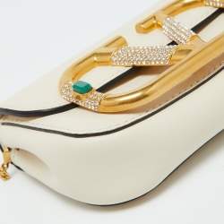 Pre Owned Valentino Garavani Off-White VLogo Rhinestone Mini Chain Pouch
