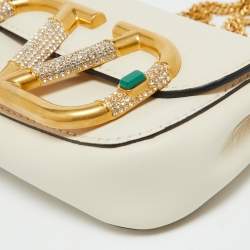 Pre Owned Valentino Garavani Off-White VLogo Rhinestone Mini Chain Pouch