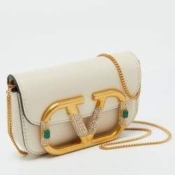 Pre Owned Valentino Garavani Off-White VLogo Rhinestone Mini Chain Pouch