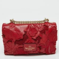 Pre Owned Valentino Red Leather and Lace Va Va Voom Chain Crossbody Bag