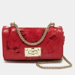 Pre Owned Valentino Red Leather and Lace Va Va Voom Chain Crossbody Bag