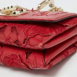 Pre Owned Valentino Red Leather and Lace Va Va Voom Chain Crossbody Bag