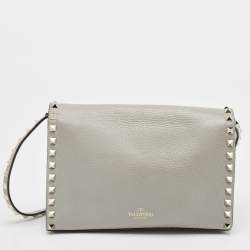 Pre Owned Valentino Grey Leather Rockstud Flap Crossbody Bag