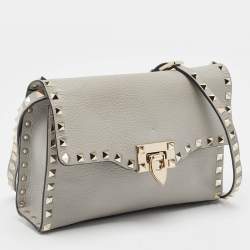 Pre Owned Valentino Grey Leather Rockstud Flap Crossbody Bag