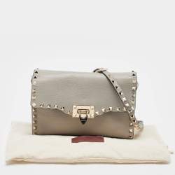 Pre Owned Valentino Grey Leather Rockstud Flap Crossbody Bag