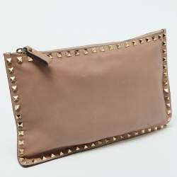 Valentino Beige Leather Rockstud Zip Pouch Clutch