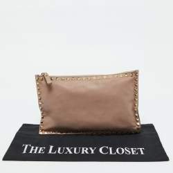 Valentino Beige Leather Rockstud Zip Pouch Clutch