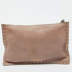 Valentino Beige Leather Rockstud Zip Pouch Clutch