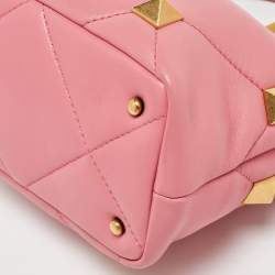 Pre Owned Valentino Pink Quilted Leather Small Roman Stud Top Handle Bag