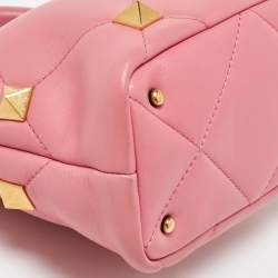 Pre Owned Valentino Pink Quilted Leather Small Roman Stud Top Handle Bag