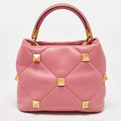 Pre Owned Valentino Pink Quilted Leather Small Roman Stud Top Handle Bag