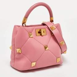 Pre Owned Valentino Pink Quilted Leather Small Roman Stud Top Handle Bag