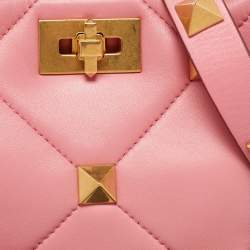 Pre Owned Valentino Pink Quilted Leather Small Roman Stud Top Handle Bag