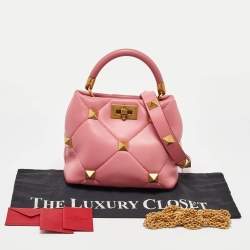 Pre Owned Valentino Pink Quilted Leather Small Roman Stud Top Handle Bag