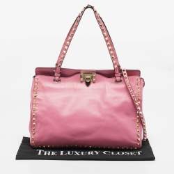 Pre Owned Valentino Pink Leather Medium Rockstud Trapeze Tote