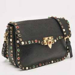 Pre Owned Valentino Black Leather Rolling Rockstud Shoulder Bag