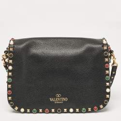 Pre Owned Valentino Black Leather Rolling Rockstud Shoulder Bag