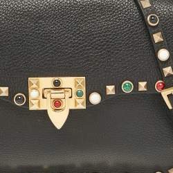 Pre Owned Valentino Black Leather Rolling Rockstud Shoulder Bag