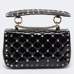 Pre Owned Valentino Black Patent Leather Small Rockstud Spike Top Handle Bag